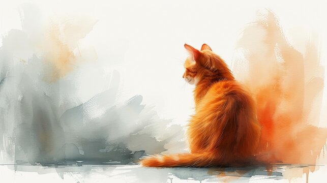 Abstract orange cat in watercolor style