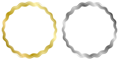 Set of golden and silver round metal frames isolated on white. Vector frame for photo. Frame for text, certificate, pictures, diploma. Luxury, gold, wedding, celebration. Worn, old frame