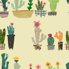Cactus seamless pattern. watercolor vector illustration.