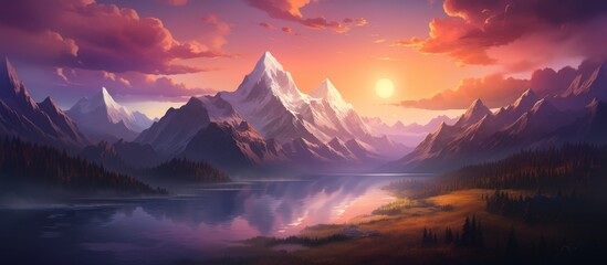 A picturesque natural landscape painting showcasing a sunset over a mountain range with a tranquil lake in the foreground creating a serene atmosphere with cumulus clouds in the sky