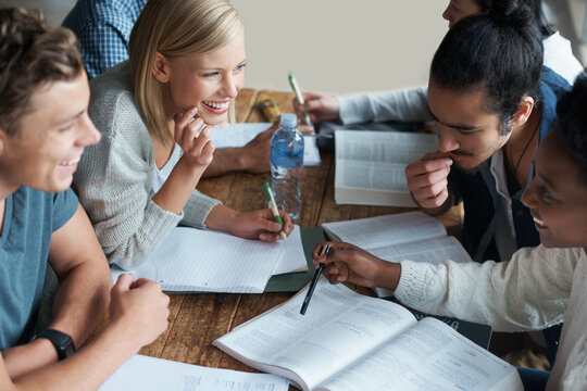 Books, education and students studying together, happy to share ideas for research project and assessment. Diversity, group of people and learning for academic growth, university and campus library