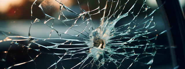 Broken car windshield, broken glass. The concept of the consequences of an accident - obrazy, fototapety, plakaty