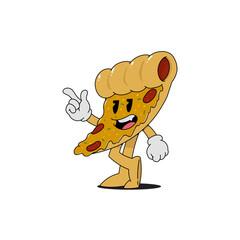 A cartoon pizza character is standing on its right foot and pointing to the left