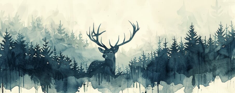 Abstract watercolor painting of a deer in the forest