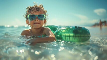 A young girl joyfully swims in the ocean, wearing sunglasses and floating on an inflatable air ring. - obrazy, fototapety, plakaty