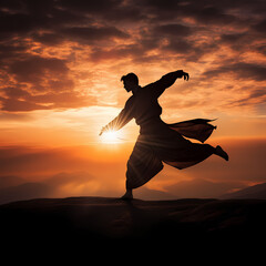 A dramatic silhouette of a person practicing tai chi