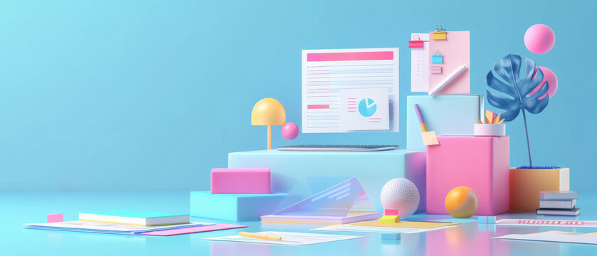 A colorful background with a computer monitor and a stack of books