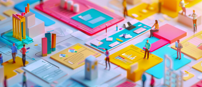 A colorful image of people and objects with a concept of a busy office