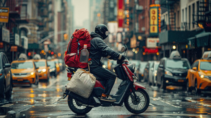 A man is riding a scooter down a rain-soaked street on a wet day.