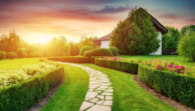 country lane in the morning natural landscape Beautiful manicured lawn and flowerbed with deciduous shrubs on private plot and track to house against backlit bright warm sunset evening light on backgr