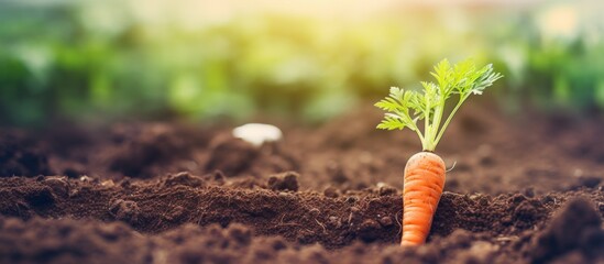 A small terrestrial plant, a carrot, is sprouting from the soil in a natural landscape. Carrots are...