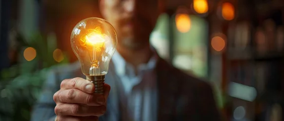 Fotobehang Businessmana  s hand and half a smart light bulb, metaphor for innovative ideas © Atchariya63