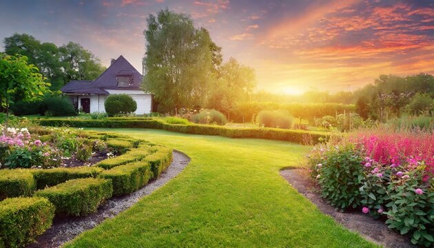 country lane in the morning natural landscape Beautiful manicured lawn and flowerbed with deciduous shrubs on private plot and track to house against backlit bright warm sunset evening light on backgr