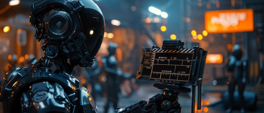 Close cinematic view, black AI cyborgs directing on film set, cameras and clapperboards ready
