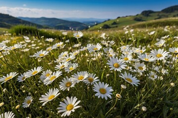 white flowers in a field with mountains in the background, meadows on hills