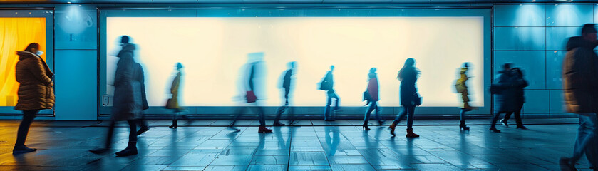 Empty advertising light box billboard, public space, wall background, people passing