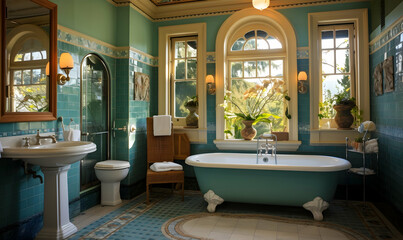 Bathroom interior in classic style with blue walls and tiled floor - obrazy, fototapety, plakaty