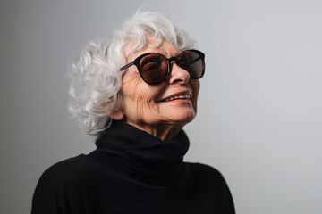 Portrait of an elderly woman wearing sunglasses against a gray wall on a sunny day.