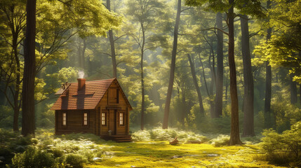A small cabin in forest, surrounded by trees and grass - Powered by Adobe