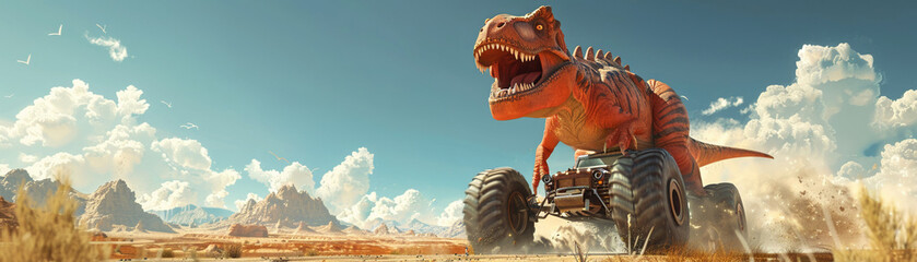 Rear angle of TRex driving a truck, funfilled cartoon dinosaur road trip - obrazy, fototapety, plakaty