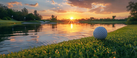 Tranquil golf setting at sunset, ball on water hazard edge, serene and beautiful