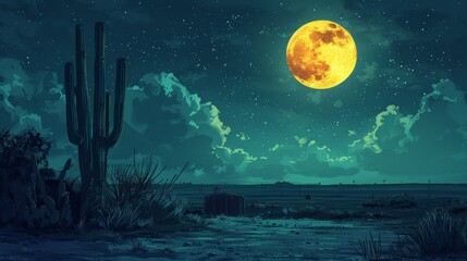 Full moon over desert landscape at night - obrazy, fototapety, plakaty