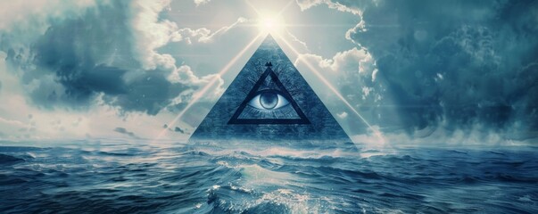 Surreal seascape with all-seeing eye pyramid - obrazy, fototapety, plakaty