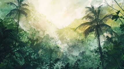 Panoramic watercolor painting of a lush jungle landscape. - obrazy, fototapety, plakaty