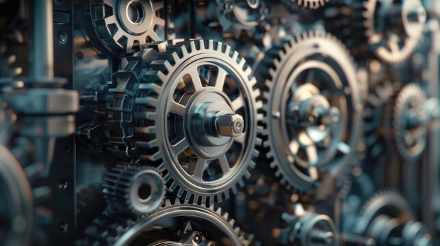 Complex array of metal gears and cogs in machinery.