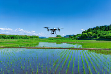 田んぼの上を飛ぶ農業用ドローン