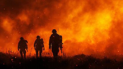 Fototapeta premium silhouette of firemen fighting on the fire