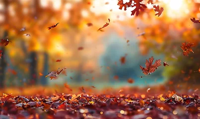 Foto op Plexiglas Autumn background with beautiful colorful leaves falling in the air and ground covered in fallen autumn leaves.  Beautiful natural autumn landscape with colorful foliage in the park.   © jex