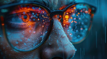 Close-up portrait of a man with water droplets on glasses.