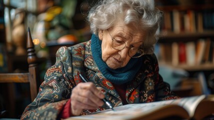Elderly woman reading a book at home.