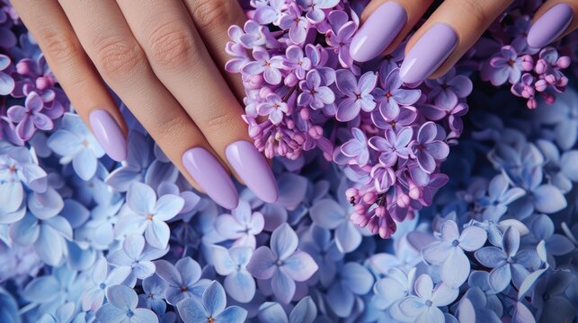 Photos of the design of purple nails on the hands, advertising the color of the nails