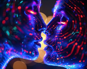 Obraz premium Mind on hardware holograms depicting love belonging night setting close view vibrant neon colors