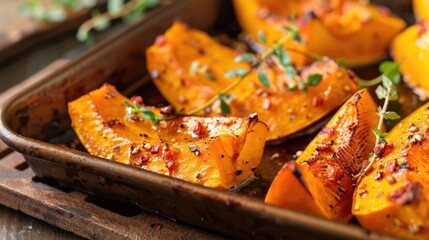 Roasted butternut squash halves with herbs. Close-up culinary photography. - obrazy, fototapety, plakaty