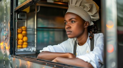 Focused female chef in food truck.