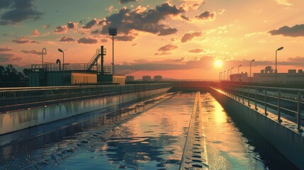 Sewage treatment plant at sunset. Environmental engineering - obrazy, fototapety, plakaty