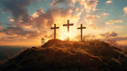 Three crosses stand a hill at sunset - obrazy, fototapety, plakaty
