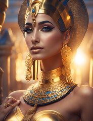 Hathor egyption goddess portrait in presious headdress and necklace  posing against temple at sunset. close up