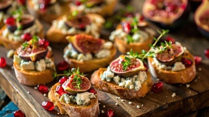 Gourmet crostini with figs, pomegranate, and blue cheese.