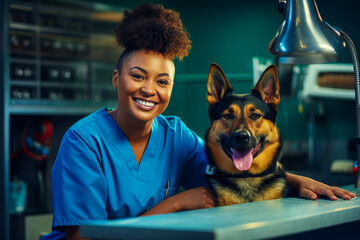 A female vet in blue scrubs posing with a content German Shepherd in a veterinary clinic
