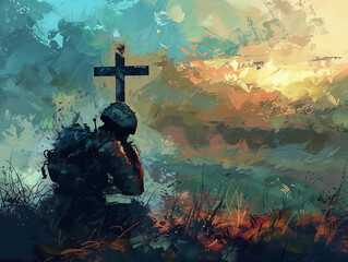 Christian soldier praying with cross in the background. Digital painting 
