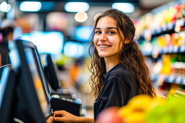 A young female cashier smiling while operating a checkout terminal in a supermarket