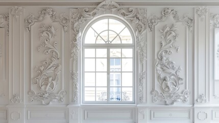 Ornate classical interior with large window and intricate stucco molding.