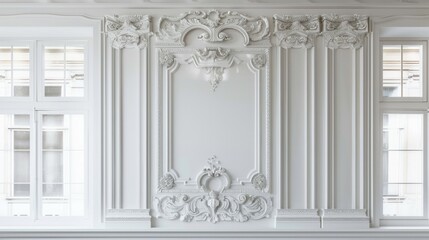 Elegant white stucco molding on wall with classic architecture details.