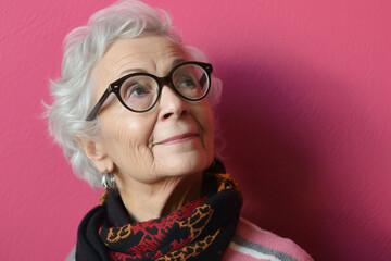 Portrait of an elderly woman wearing glasses against a bright wall on a sunny day.
