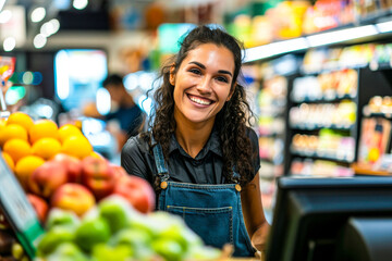 Friendly grocery store worker in overalls smiling at her workspace with fresh fruits around