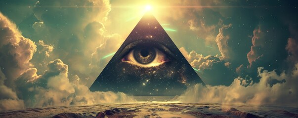 Surreal landscape with mystical eye and pyramid - obrazy, fototapety, plakaty